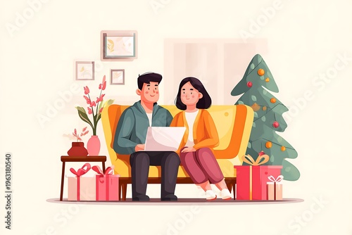 Couple christmas online shopping for holiday gifts