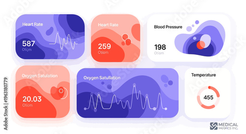 A collection of modern, abstract UI elements displaying vital signs and health metrics, presented in a clean, digital interface.