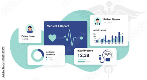 Digital health dashboard displaying patient medical data, vital signs, and activity tracking for healthcare professionals.
