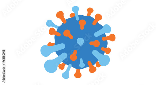 A stylized, cartoonish illustration of a virus particle with blue and orange spikes protruding from a central blue sphere.