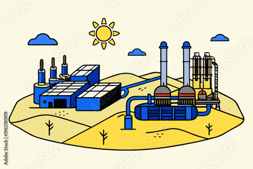 Industrial factory complex with solar panels and smokestacks on a sunny desert landscape illustration