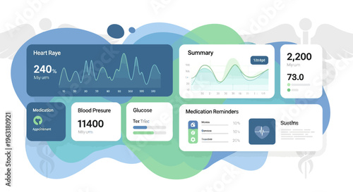 Modern digital health dashboard displaying vital signs, medication reminders, and summary statistics with a clean, abstract background.