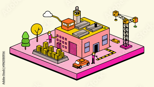 Cartoon factory workers busy constructing and managing a profitable industrial facility with gold bars