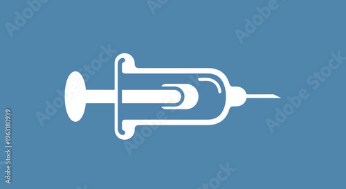 A simple, stylized white icon of a medical syringe against a solid blue background.