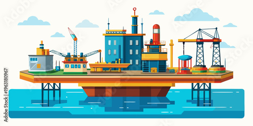 Offshore oil rig platform with cranes and industrial equipment for drilling and extraction operations