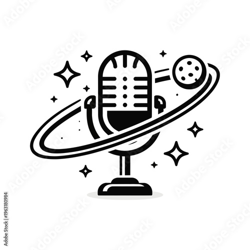 Stylized vintage microphone emblem with planets and stars, representing captivating cosmic audio shows and interstellar communication