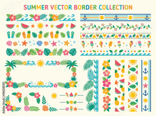 Vibrant collection of summer-themed vector borders, frames, and decorative elements featuring tropical flowers, fruits, and beach motifs.