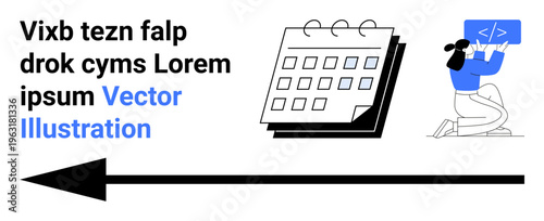 Scheduling, software development, programming, project management, coding, deadlines. A calendar, arrow and coding figure on a clean background. Scheduling and software development concepts