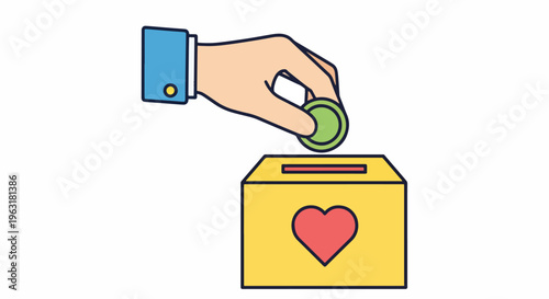 Hand putting coin into charity donation box with heart symbol on front for giving and kindness