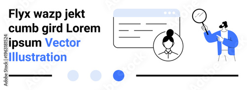 Man holding magnifying glass examining profile data next to a webpage window. Ideal for recruitment, user research, profile analysis, online search, job portals, analytics, simple landing page