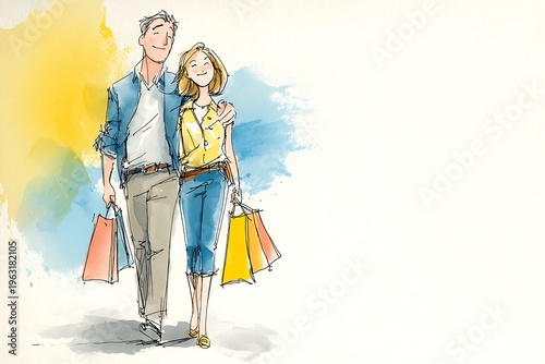 Happy couple shopping together carrying retail bags