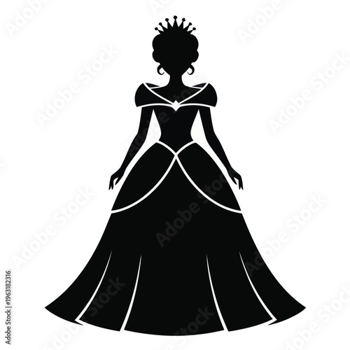 Elegant princess in a grand ballgown with intricate crown and flowing train standing gracefully isolated on white background, Vector, illustration