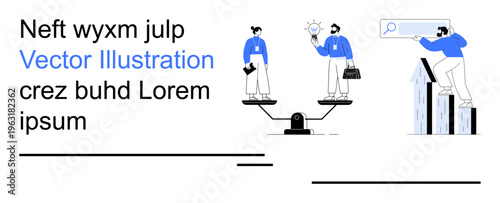 Business performance, innovation, solutions, teamwork, professional growth, market analysis. Professionals balancing on a scale and examining growth trends. Business performance and innovation