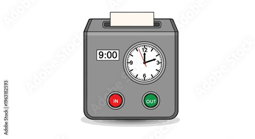 Gray digital clock device with red and green buttons showing 9 00 time on display
