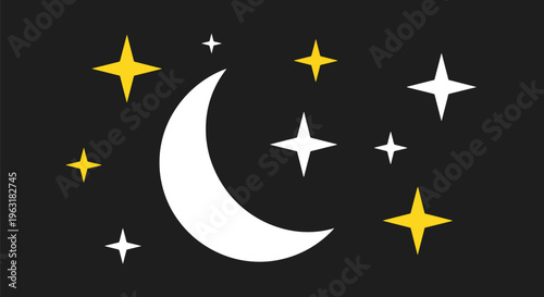 Crescent moon and stars shining in night sky with celestial bodies