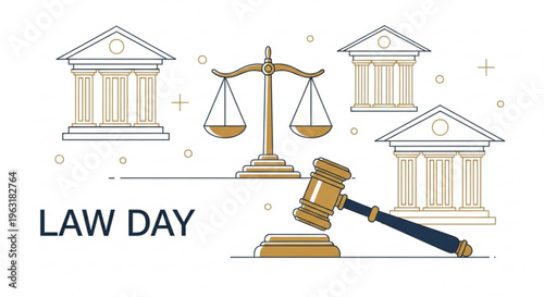 Law day illustration with gavel scales of justice and courthouse buildings