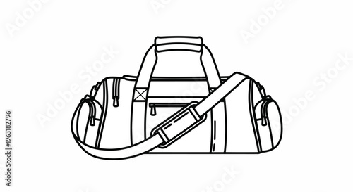 Black and white line drawing of a gym bag with shoulder strap and handle