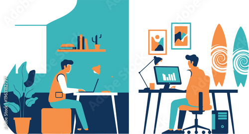 Two men working remotely at home in modern minimalist style interior, freelance lifestyle concept