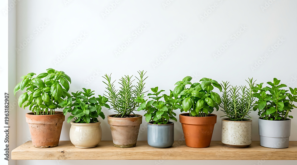 Obraz premium Potted basil and rosemary plants arranged on wooden shelf indoors 