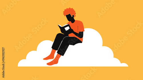 Silhouette of person with afro sitting on cloud reading book, surrounded by warm yellow background, representing imagination and learning