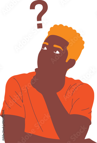 Man with orange hair and beard looking up with a question mark above his head, hand on chin, thinking of solutions and answers