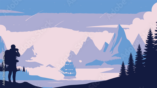 Silhouette of hiker looking at majestic mountain landscape with ship sailing on calm water under starry sky