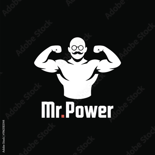 Strong muscular man flexing his arms while wearing glasses and a mustache, labeled mr power isolated on white background, Vector, illustration