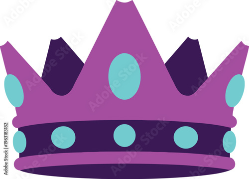 Cartoon crown purple and blue ornate royal symbol decorated with gemstones and spikes regal object vector illustration