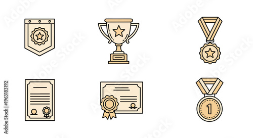 Awards and certificates icons set in gold color featuring medals trophy and document symbols