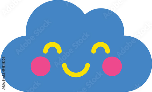 Happy blue cloud illustration with pink cheeks and yellow smile symbol of weather and emotion and happiness