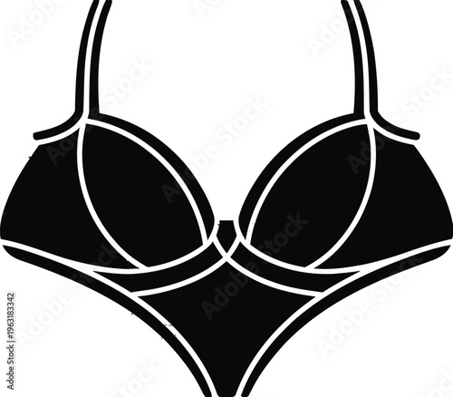 Elegant black bikini top with distinctive cutouts and adjustable straps for a stylish beach or poolside look isolated on white background, Vector, illustration