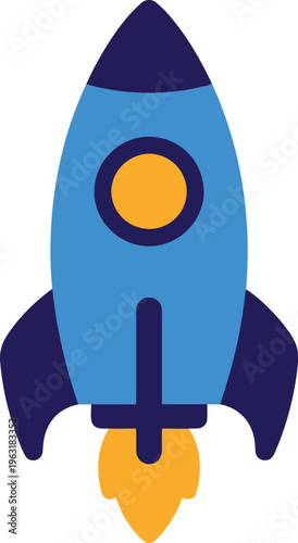 Blue rocket spaceship with orange flames blasting off into space vector illustration