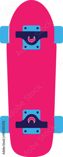 Pink longboard skateboard with blue wheels and dark blue trucks, street surfing, outdoor sport, recreational activity, stylish ride