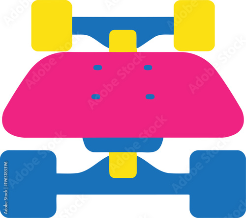 Top view of pink skateboard with blue trucks and yellow wheels, urban transport, recreational activity, stylish board, street sport