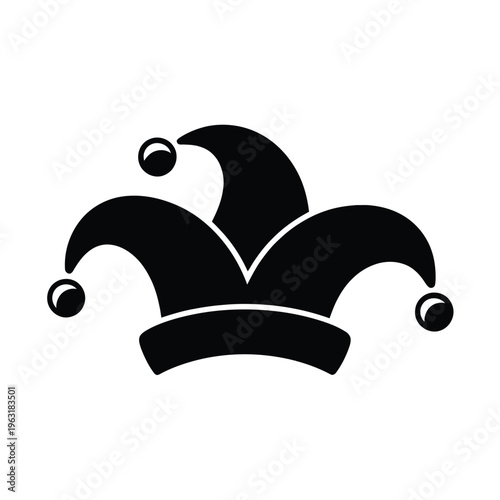 A classic jester hat with pointed tips and three bells hanging from the brim elegantly designed isolated on white background, Vector, illustration