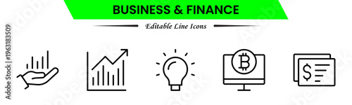 Business and finance icons depicting banking, investment, money, transactions, growth, budgeting, accounting, strategy, analytics, reports, markets, profit, management, and financial planning.