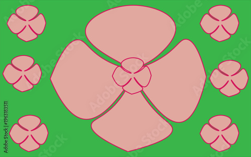 Vector illustration of large pink abstract flowers on a green background, creating a bold and modern floral pattern.