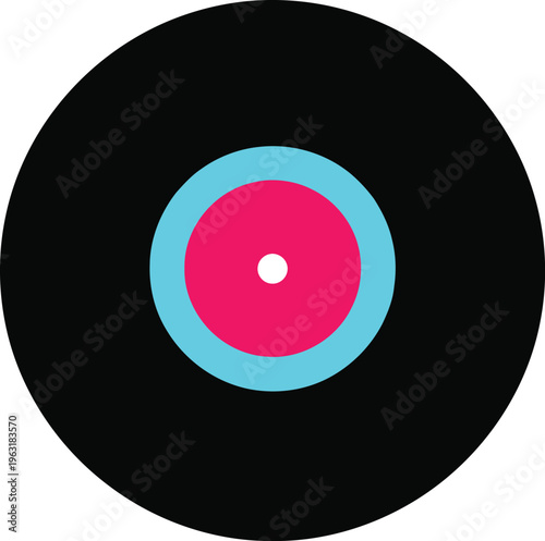 Black vinyl record with pink and blue label on transparent background, classic music media for nostalgic or audio related themes