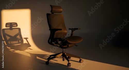 Comfortable ergonomic office chair bathed in dramatic warm sunlight casting a strong shadow on the studio backdrop