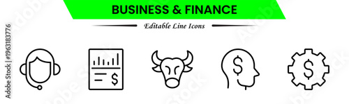 Business and finance icons depicting banking, investment, money, transactions, growth, budgeting, accounting, strategy, analytics, reports, markets, profit, management, and financial planning.