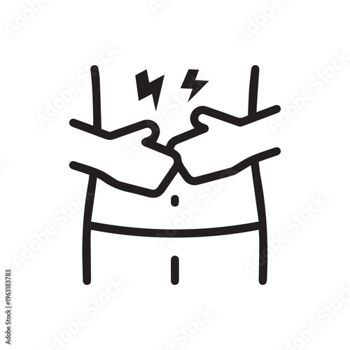 Stomach pain, linear style icon. Person holding stomach, sharp pain. Symptoms include cramps and nausea. Editable stroke width
