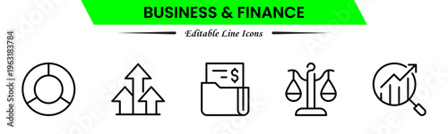 Business and finance icons depicting banking, investment, money, transactions, growth, budgeting, accounting, strategy, analytics, reports, markets, profit, management, and financial planning.