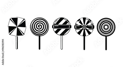 Collection of five black and white vector graphic illustrations depicting various lollipop candy designs on sticks