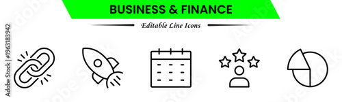 Business and finance icons depicting banking, investment, money, transactions, growth, budgeting, accounting, strategy, analytics, reports, markets, profit, management, and financial planning.