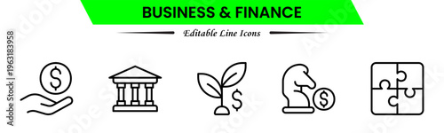 Business and finance icons depicting banking, investment, money, transactions, growth, budgeting, accounting, strategy, analytics, reports, markets, profit, management, and financial planning.