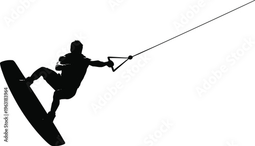 Silhouette of wakeboarder performing trick, dynamic water sport, active lifestyle, extreme recreation, motion, and freedom
