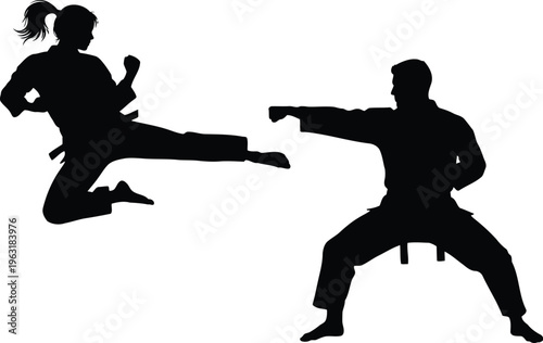 Silhouettes of two martial artists practicing karate, dynamic fight pose, strength, discipline, and combat, graphic illustration