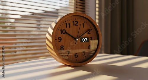 Minimalist wood clock on a table illuminated by natural sunlight through window blinds, casting dramatic shadows and highlighting the serene morning atmosphere