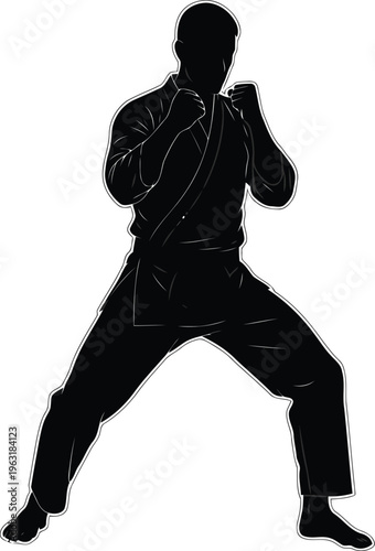 Martial arts fighter silhouette standing in karate stance position with black uniform design on transparent background art