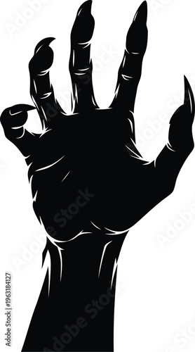 Zombie hand silhouette vector illustration with long claws reaching up design isolated on transparent background element